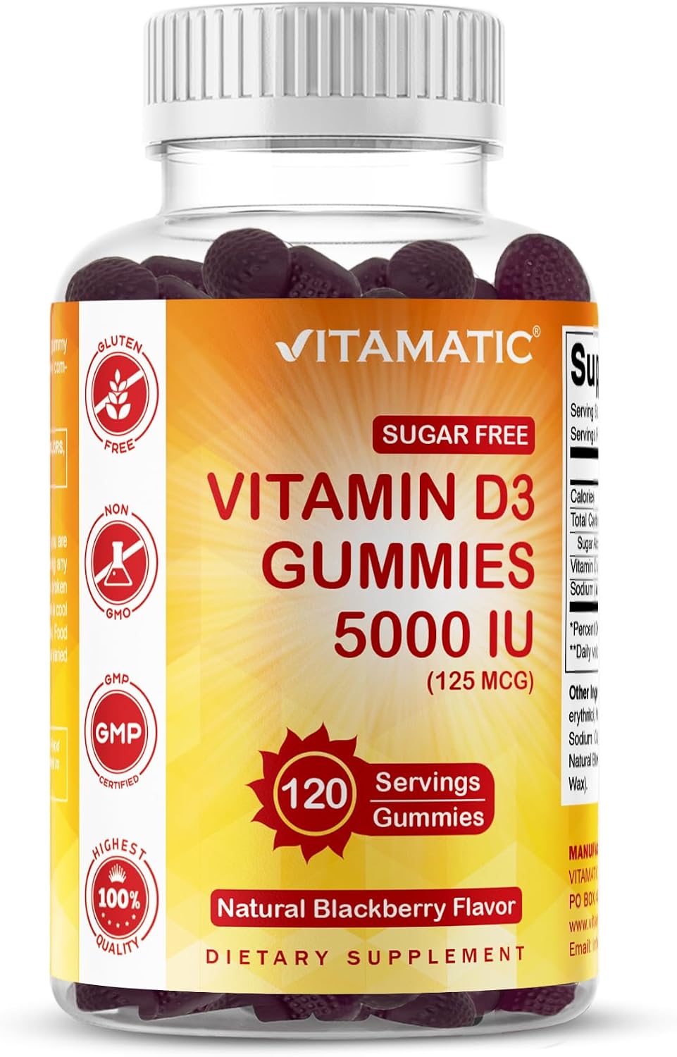 Vitamatic Vitamina D3 5000 UI sin Azúcar - 120 Gominolas - Sabor Mora - Huesos, Estado de Ánimo y Sistema Inmunitario
