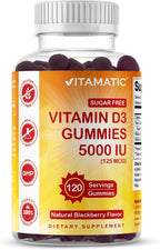 Vitamatic Vitamina D3 5000 UI sin Azúcar - 120 Gominolas - Sabor Mora - Huesos, Estado de Ánimo y Sistema Inmunitario