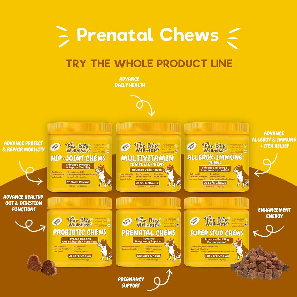 Vitaminas prenatales para perras embarazadas y lactantes - Apoya el embarazo saludable, el crecimiento de los cachorros y la lactancia - con ácido fólico, hierro y calcio - 120 masticables suaves