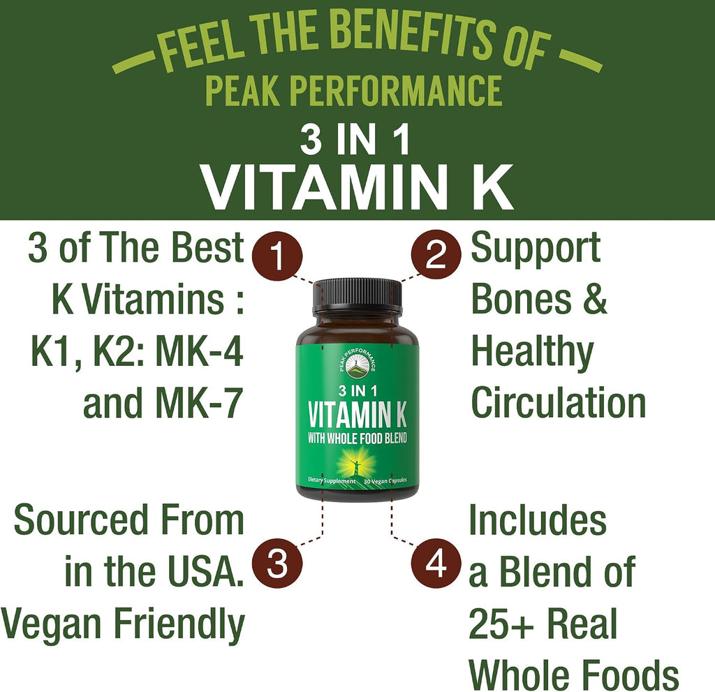 Cápsulas de Vitamina K con Mezcla de Alimentos Integrales - K1, K2 MK-4 y MK-7