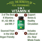 Cápsulas de Vitamina K con Mezcla de Alimentos Integrales - K1, K2 MK-4 y MK-7