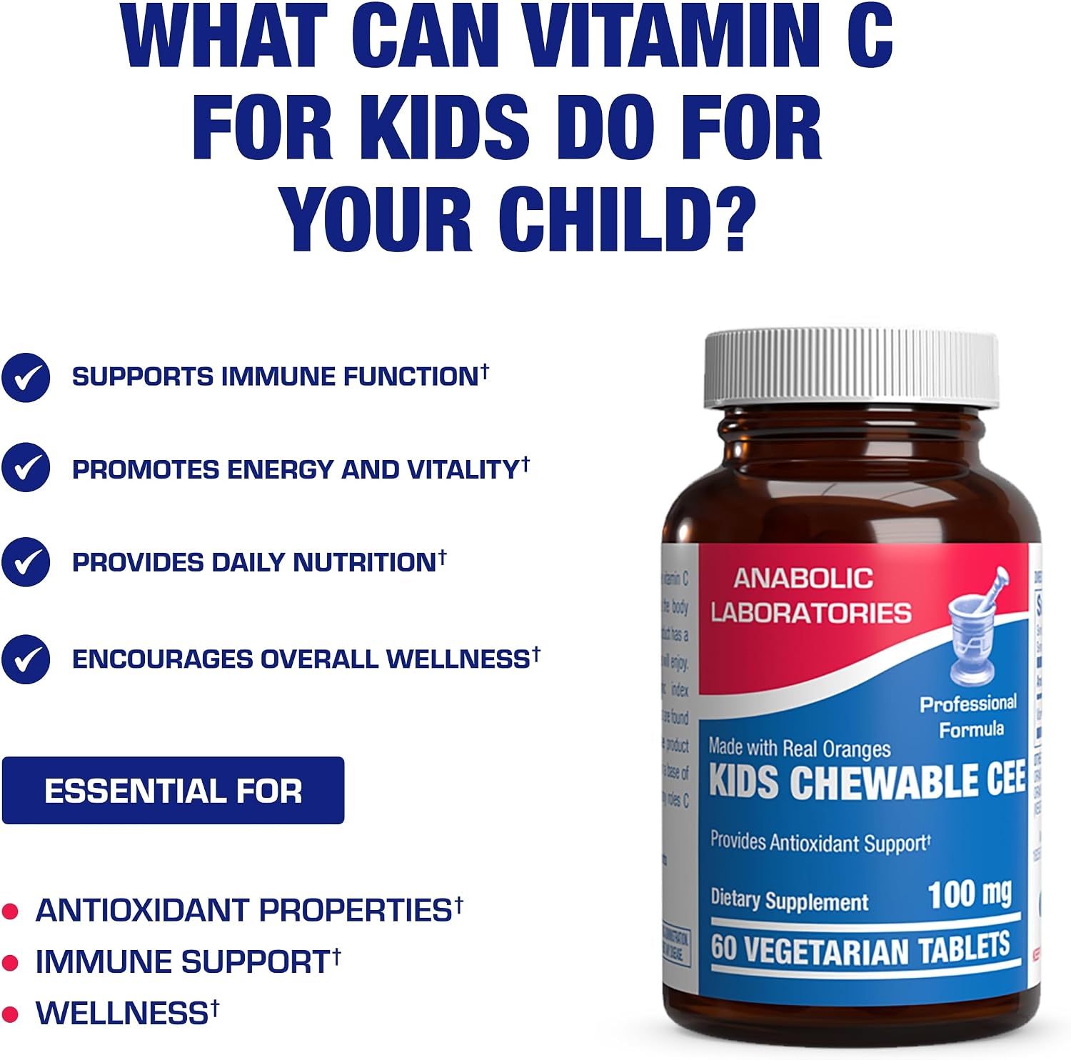 Kids Vitamin C Chewable Tablets - 60 Comprimidos Masticables de Vitamina C para Niños con Naranja Real
