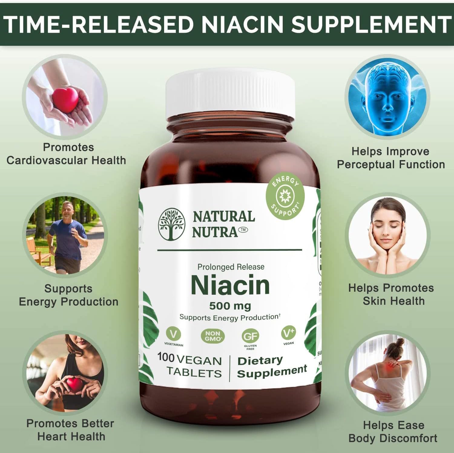 Natural Nutra Niacina 500mg Liberación Prolongada (Vitamina B3) - 100 Comprimidos Veganos