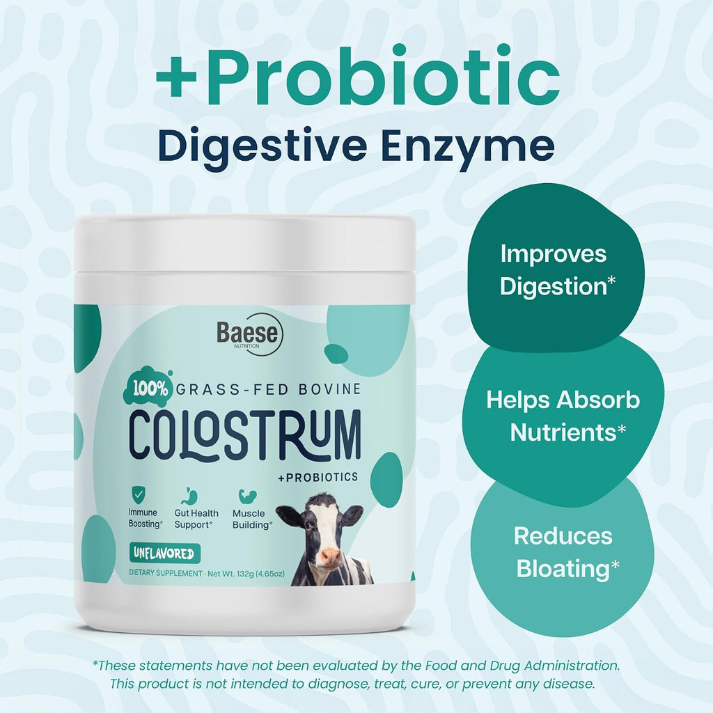 Baese Nutrition Calostro Bovino en Polvo 4000mg 800 IgG con Probióticos - 132g, Sin Sabor