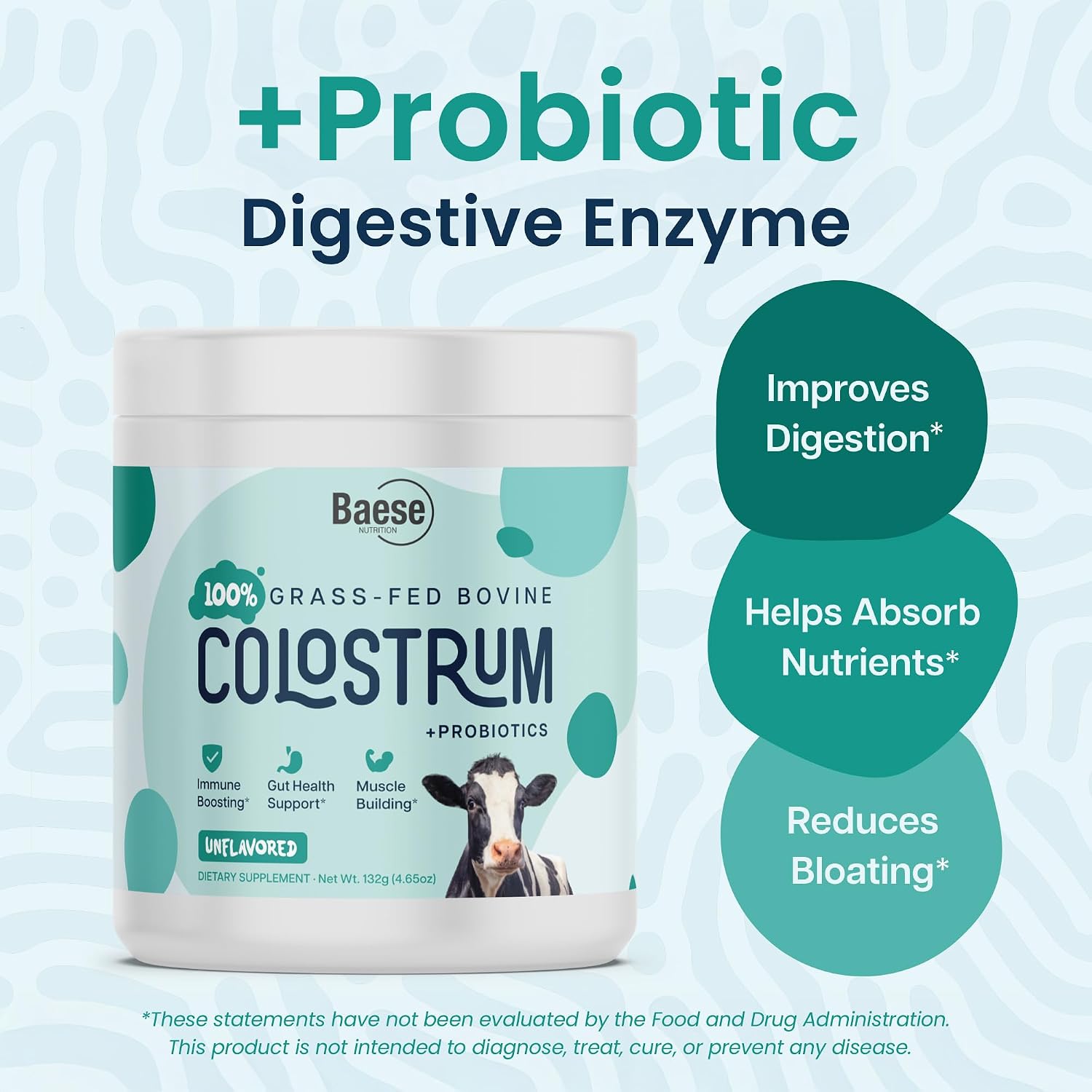 Baese Nutrition Calostro Bovino en Polvo 4000mg 800 IgG con Probióticos - 132g, Sin Sabor