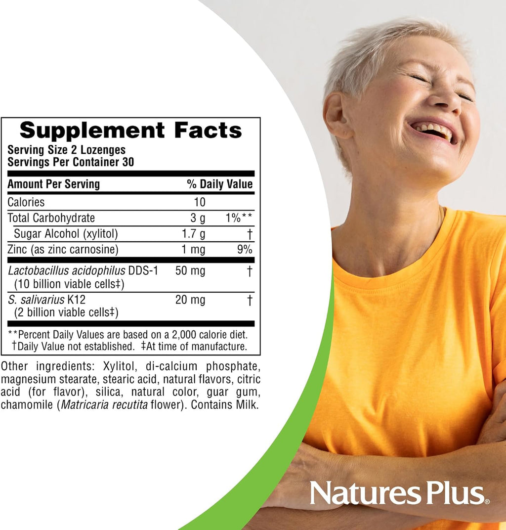 NaturesPlus Pastillas para Oídos, Nariz y Garganta con Probiótico K12 - 60 Pastillas