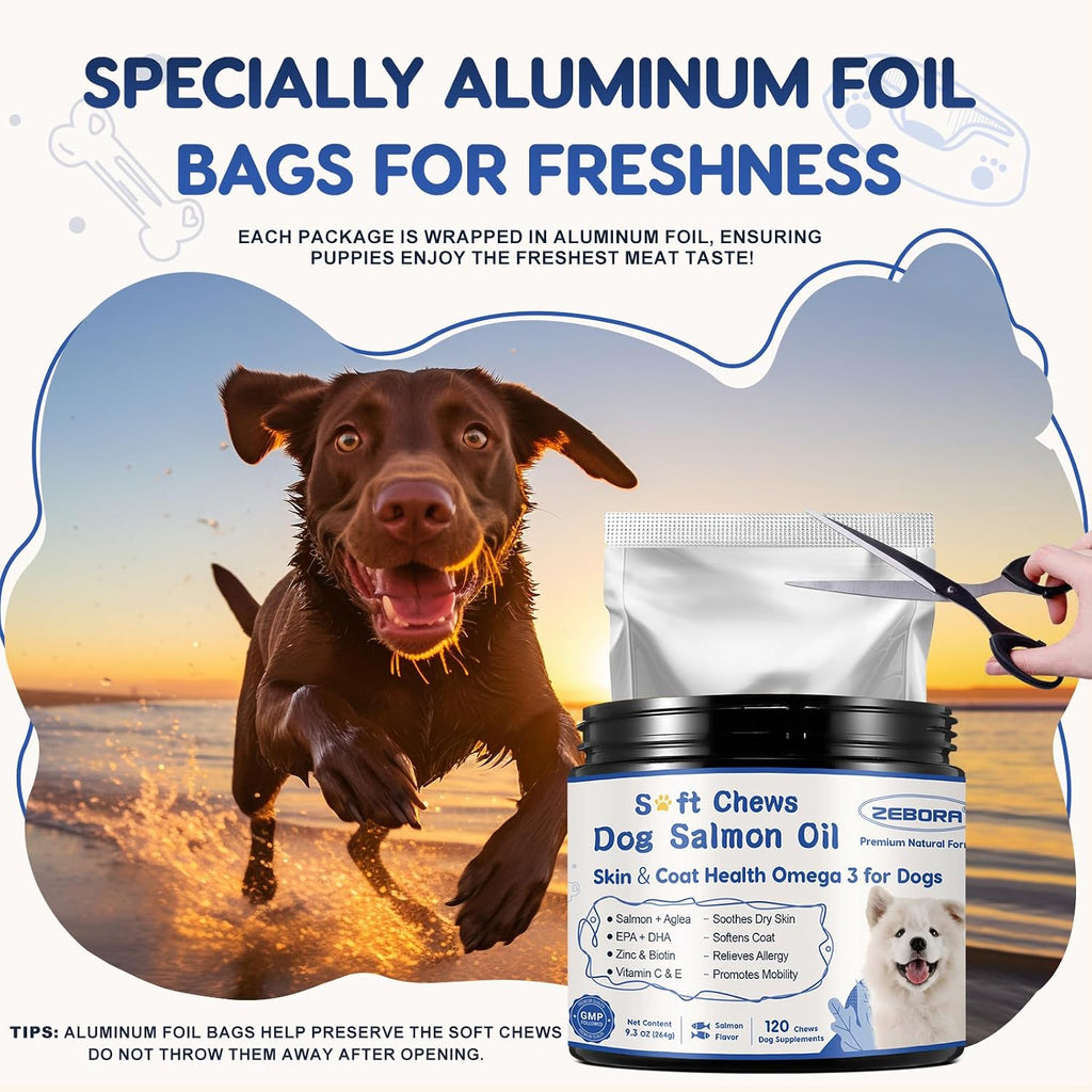 ZEBORA Aceite de Salmón para Perros – Snacks Blandos con Omega 3 6 9, EPA, DHA, Vitaminas C y E – Apoyo para Piel y Pelaje – 120 Unidades