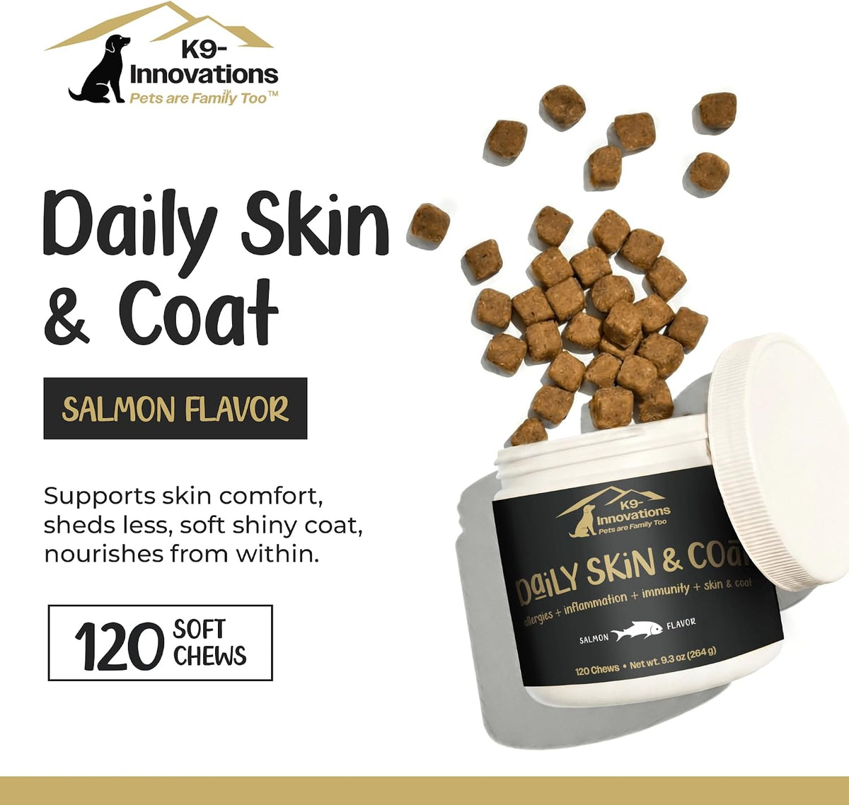 K9-Innovations - Daily Skin & Coat Dog Chews Salmon Flavor - Reduce Itching & Paw Chewing, Omega 3 & VIT C for Skin Health - – Image 3