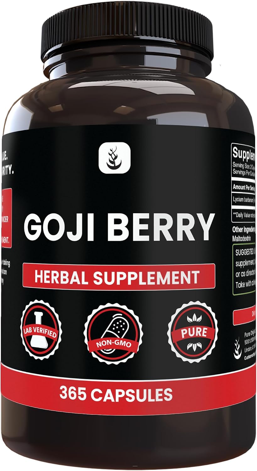 PURE ORIGINAL INGREDIENTS Goji Berry (365 Cápsulas) - Sin Rellenos, Puro, Verificado en Laboratorio