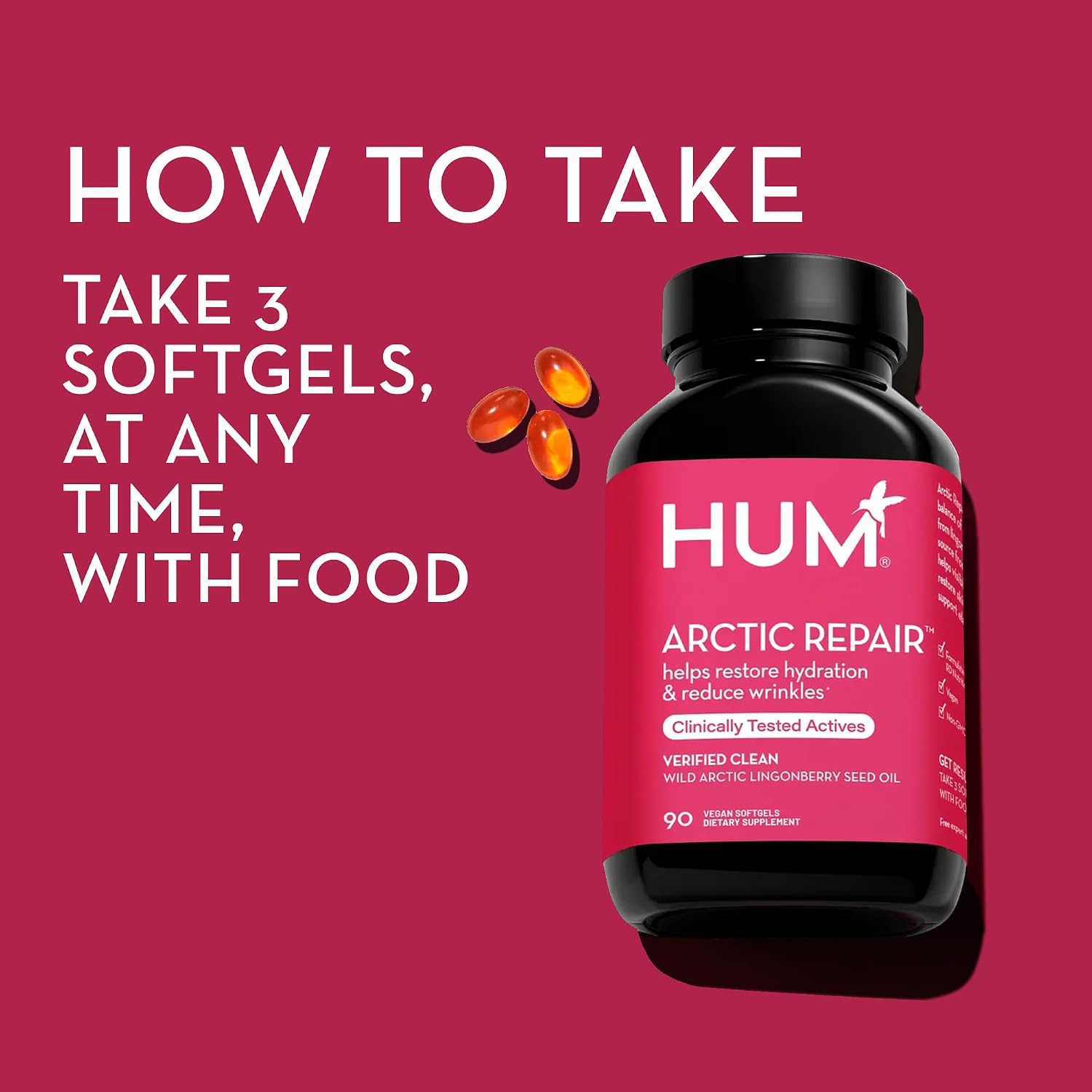 HUM Arctic Repair - Suplemento para la piel con Omega 3, Vitamina E y A, y Aceite de Arándano Rojo - 90 Cápsulas Veganas