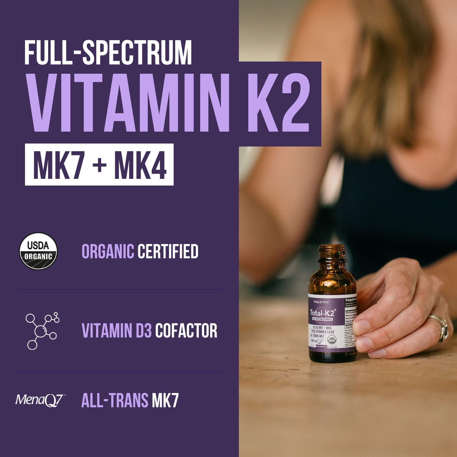 Total K2® - Vitamina K2 MK7 + MK4 + K1 + D3 - 620 mcg - Vegano Orgánico (Líquido 30 ml)