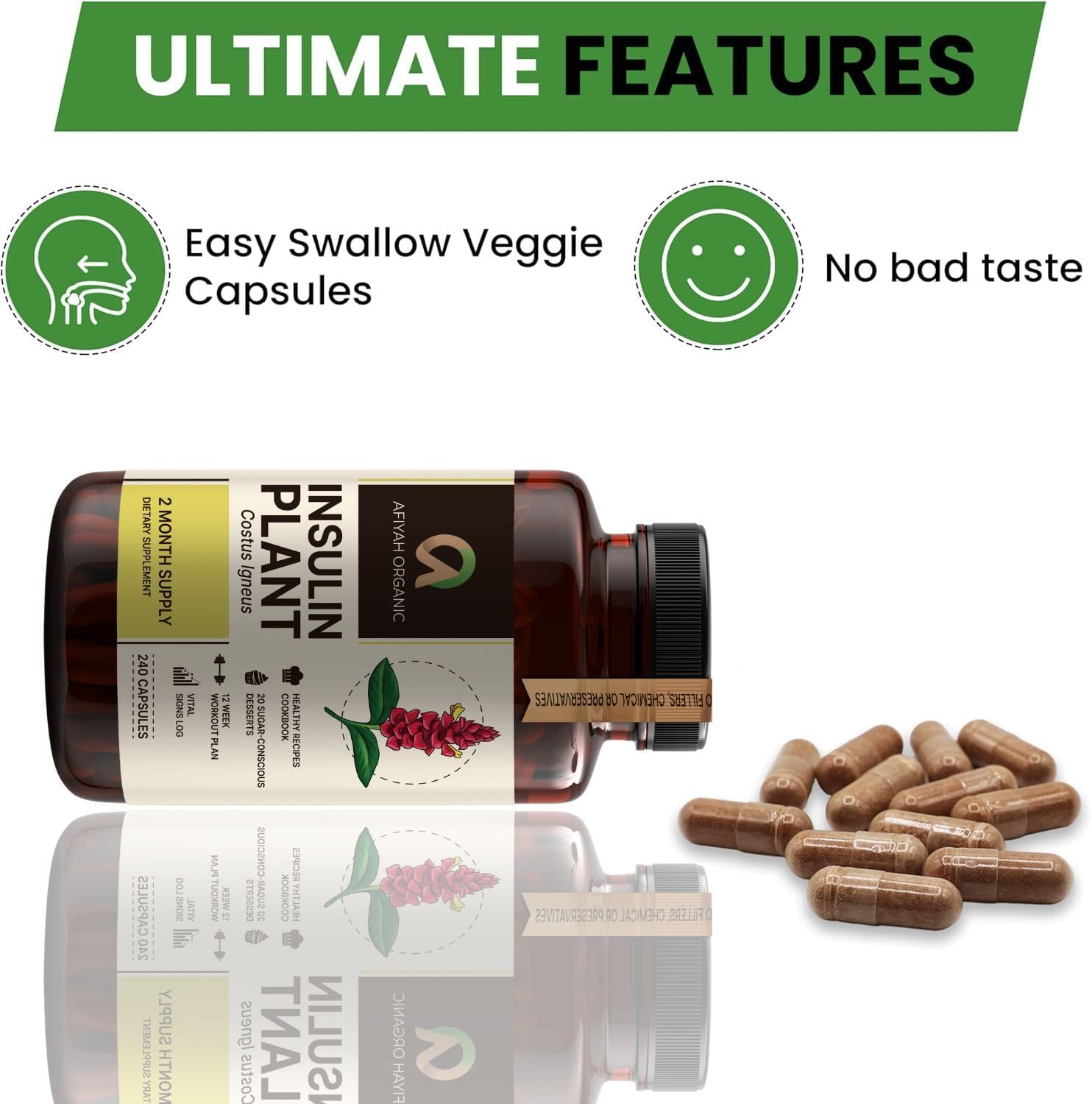 Afiyah Organic - Cápsulas de Costus Igneus (Planta Insulina) - 240 Cápsulas Veganas - Fabricado en EE. UU. - Incluye Programa de Salud Gratuito