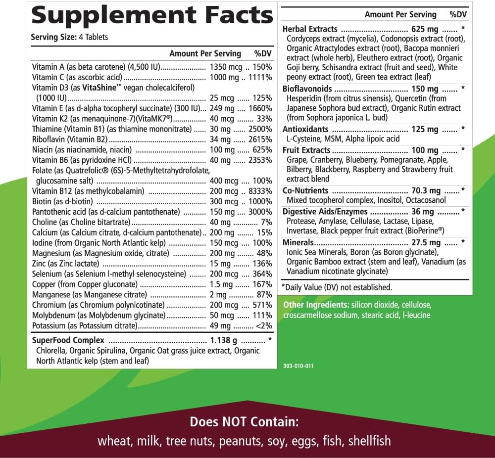 PURE ESSENCE LABS LifeEssence Multivitamin for Women and Men - Natural Herbal Supplement with Vitamin D, D3, B12, Biotin, and Whole Foods - 120 Tablets