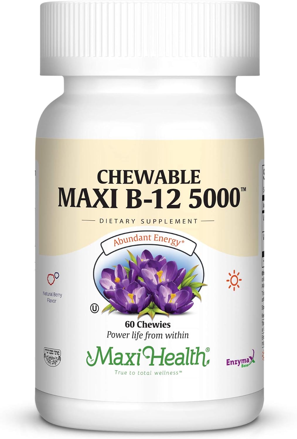 Maxi Health Vitamin B12 5000 mcg Chewable Tablets - Methylcobalamin & Cyanocobalamin - 60 Tablets
