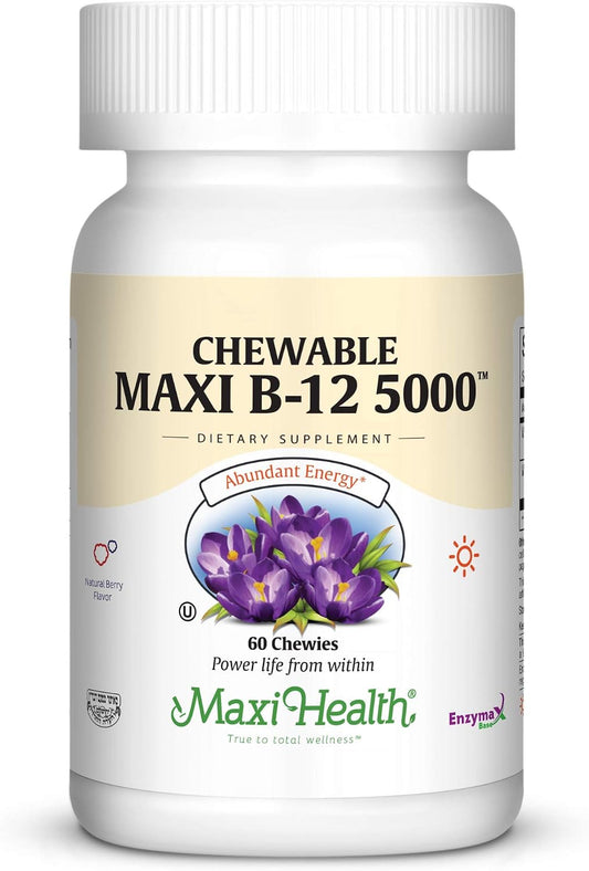 Maxi Health Vitamin B12 5000 mcg Chewable Tablets - Methylcobalamin & Cyanocobalamin - 60 Tablets