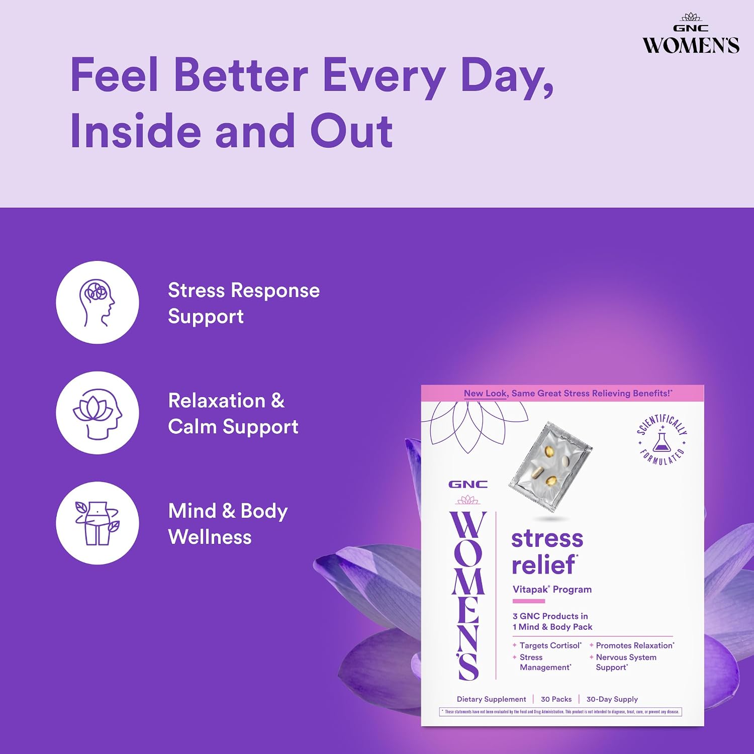 GNC Women's Stress Relief Vitapak: Manejo del Estrés y Cortisol, 30 Paquetes