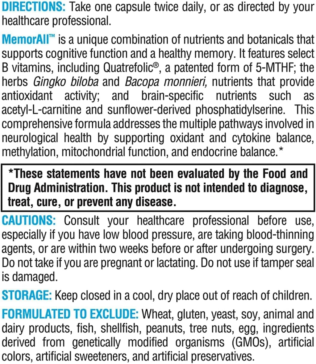 XYMOGEN MemorAll – Apoyo cerebral y memoria – Ginkgo Biloba, Bacopa y vitaminas B – 60 cápsulas