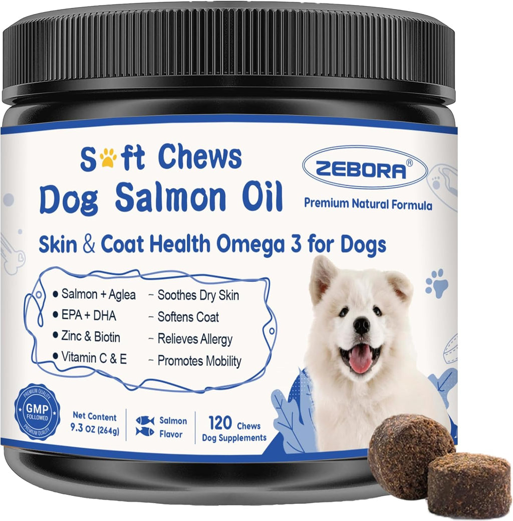 ZEBORA Aceite de Salmón para Perros – Snacks Blandos con Omega 3 6 9, EPA, DHA, Vitaminas C y E – Apoyo para Piel y Pelaje – 120 Unidades
