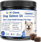 ZEBORA Aceite de Salmón para Perros – Snacks Blandos con Omega 3 6 9, EPA, DHA, Vitaminas C y E – Apoyo para Piel y Pelaje – 120 Unidades