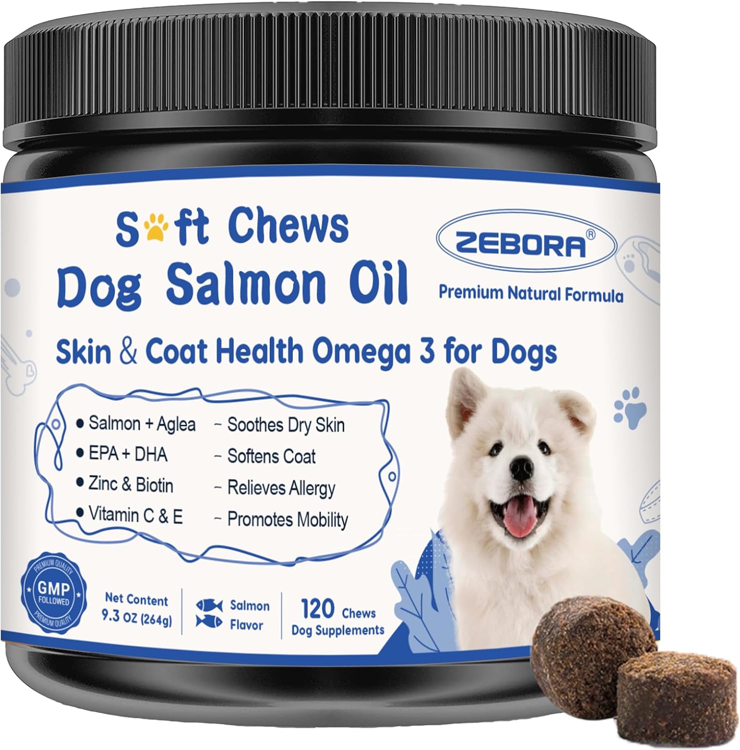 ZEBORA Aceite de Salmón para Perros – Snacks Blandos con Omega 3 6 9, EPA, DHA, Vitaminas C y E – Apoyo para Piel y Pelaje – 120 Unidades