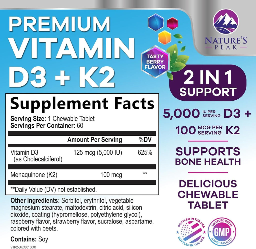 Nature's Peak Vitamina D3 K2 5000 UI + 100 mcg MK-7 - 60 Comprimidos Masticables Sabor Baya