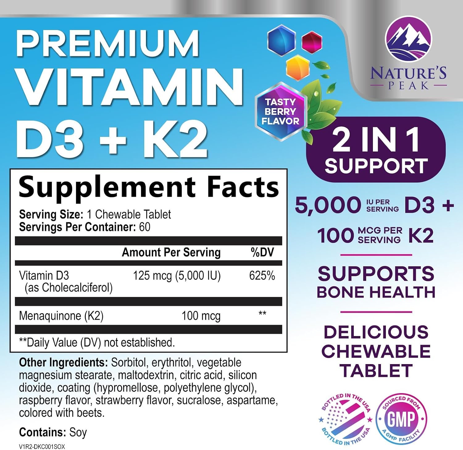 Nature's Peak Vitamina D3 K2 5000 UI + 100 mcg MK-7 - 60 Comprimidos Masticables Sabor Baya