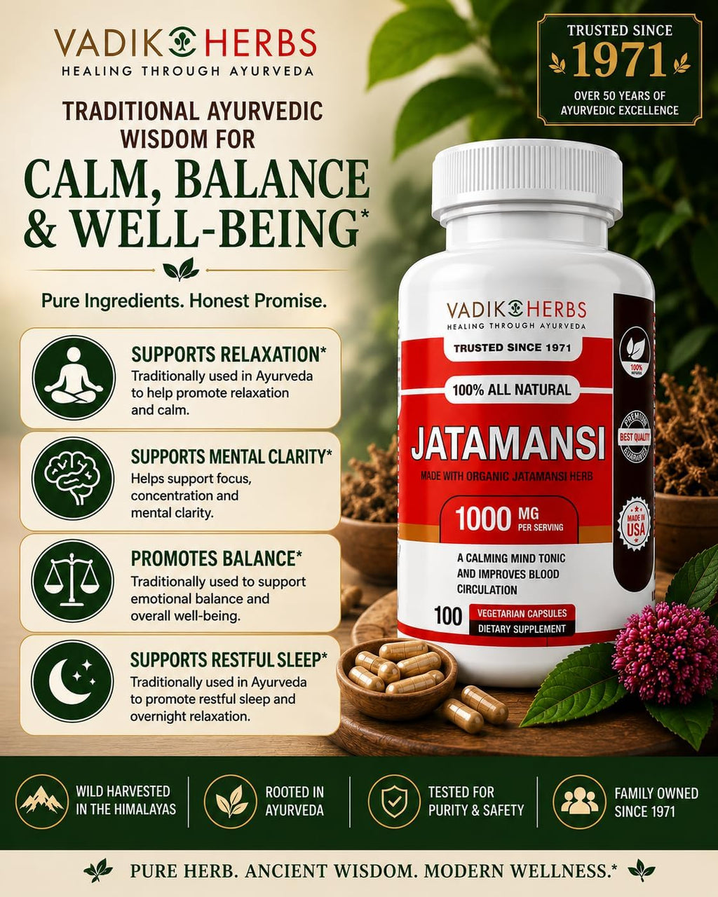 Vadik Herbs Jatamansi Cápsulas 1000mg – Raíz Orgánica de Jatamansi (Nardostachys jatamansi) – Hierba Ayurvédica para la Calma, Claridad y Sueño Reparador – 100 Cápsulas Vegetales – No Transgénico
