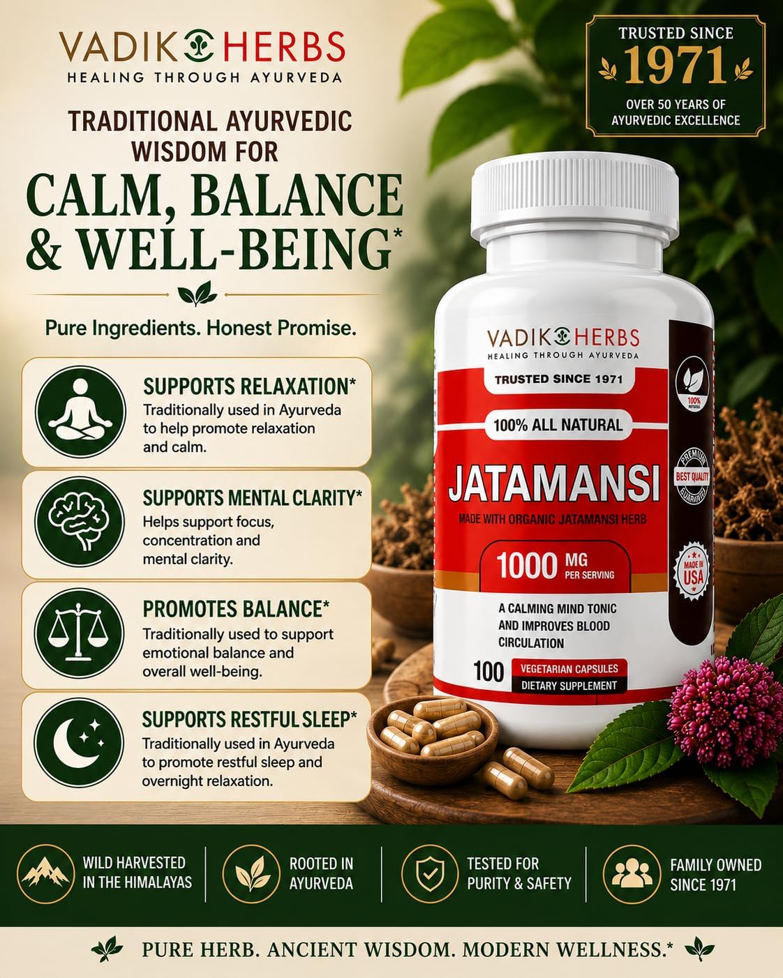 Vadik Herbs Jatamansi Cápsulas 1000mg – Raíz Orgánica de Jatamansi (Nardostachys jatamansi) – Hierba Ayurvédica para la Calma, Claridad y Sueño Reparador – 100 Cápsulas Vegetales – No Transgénico