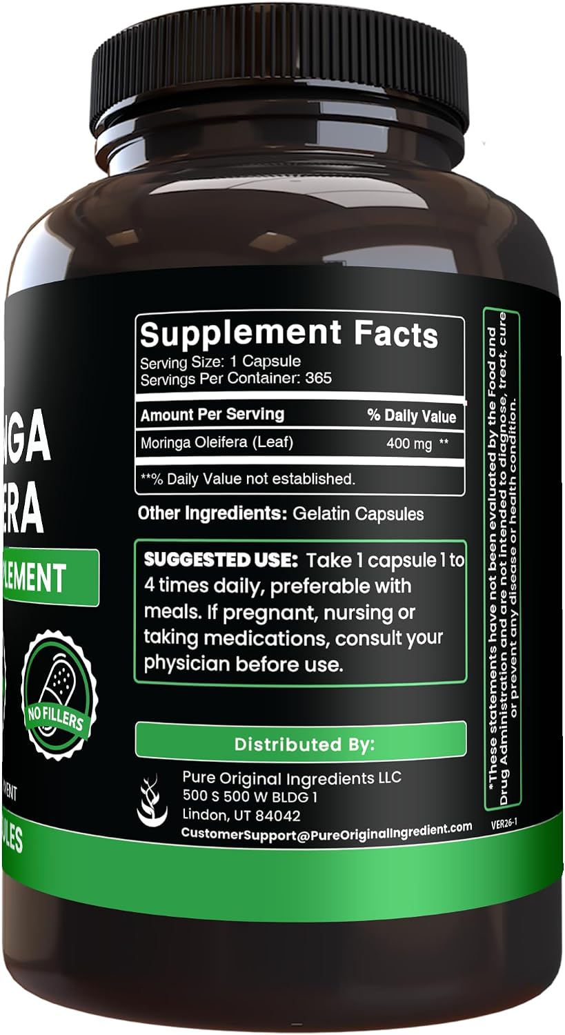 PURE ORIGINAL INGREDIENTS Moringa (365 Cápsulas) Sin Magnesio ni Rellenos, Siempre Puro