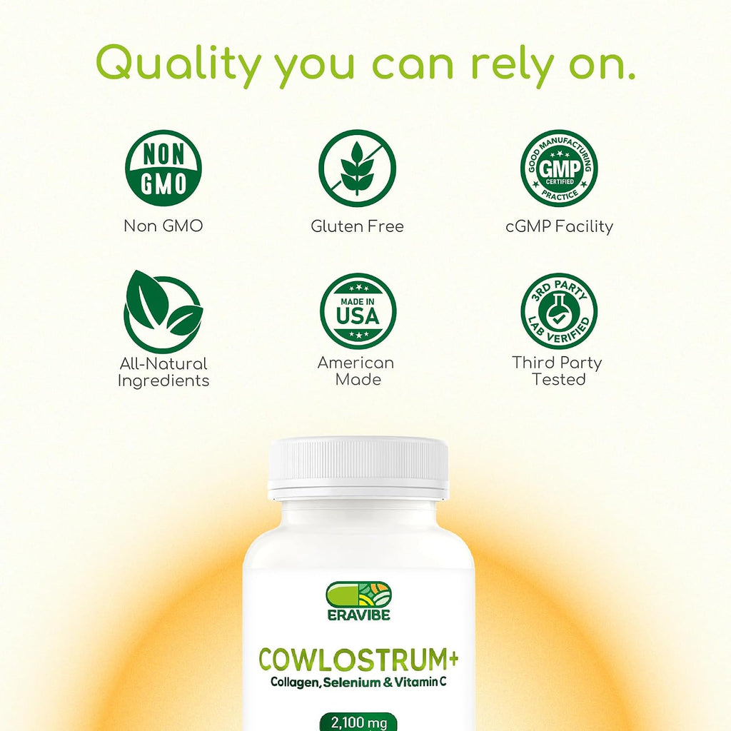 ERAVIBE Suplemento de Calostro 4 en 1, Colágeno, Selenio y Vitamina C - 2100 mg - 120 Cápsulas Veganas
