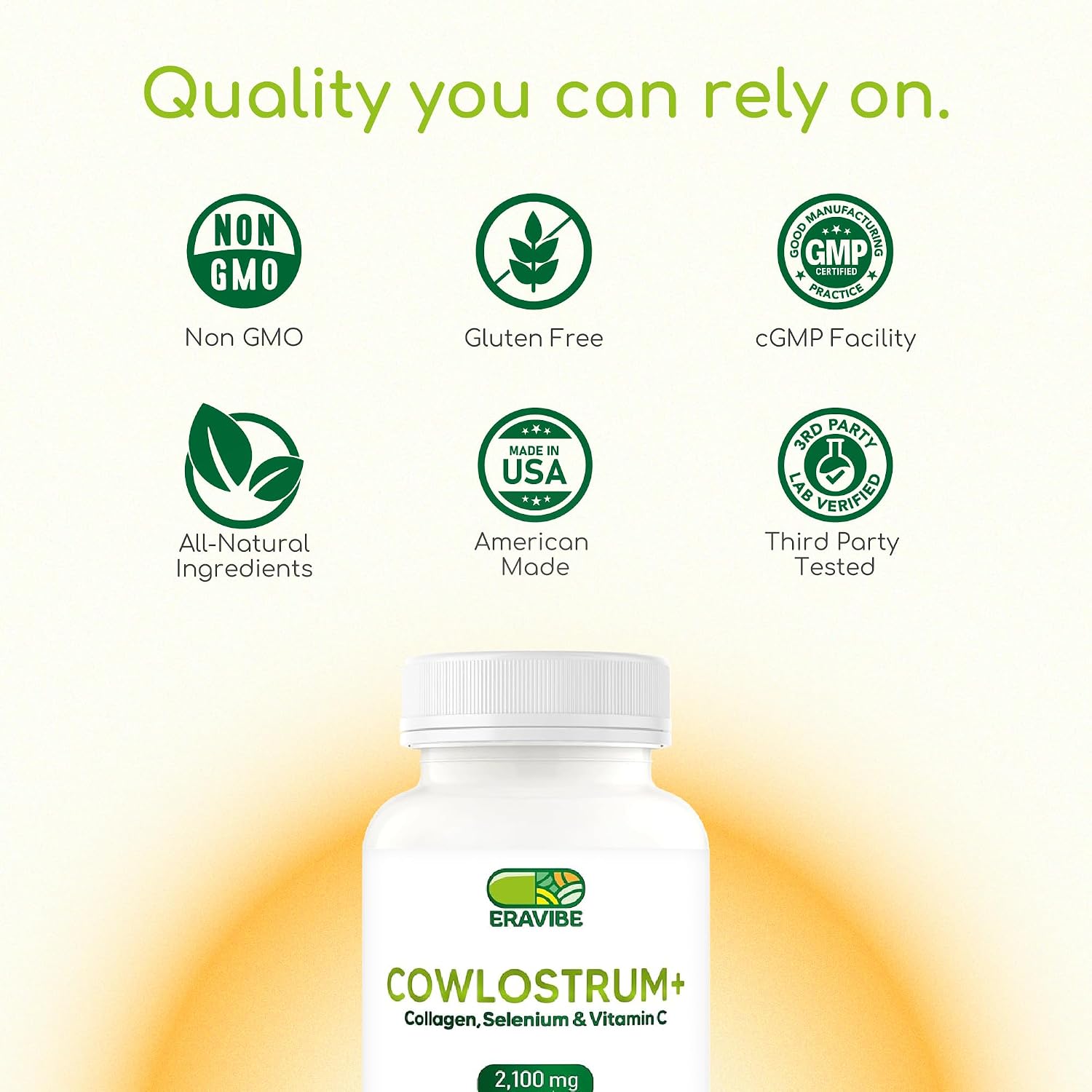 ERAVIBE Suplemento de Calostro 4 en 1, Colágeno, Selenio y Vitamina C - 2100 mg - 120 Cápsulas Veganas