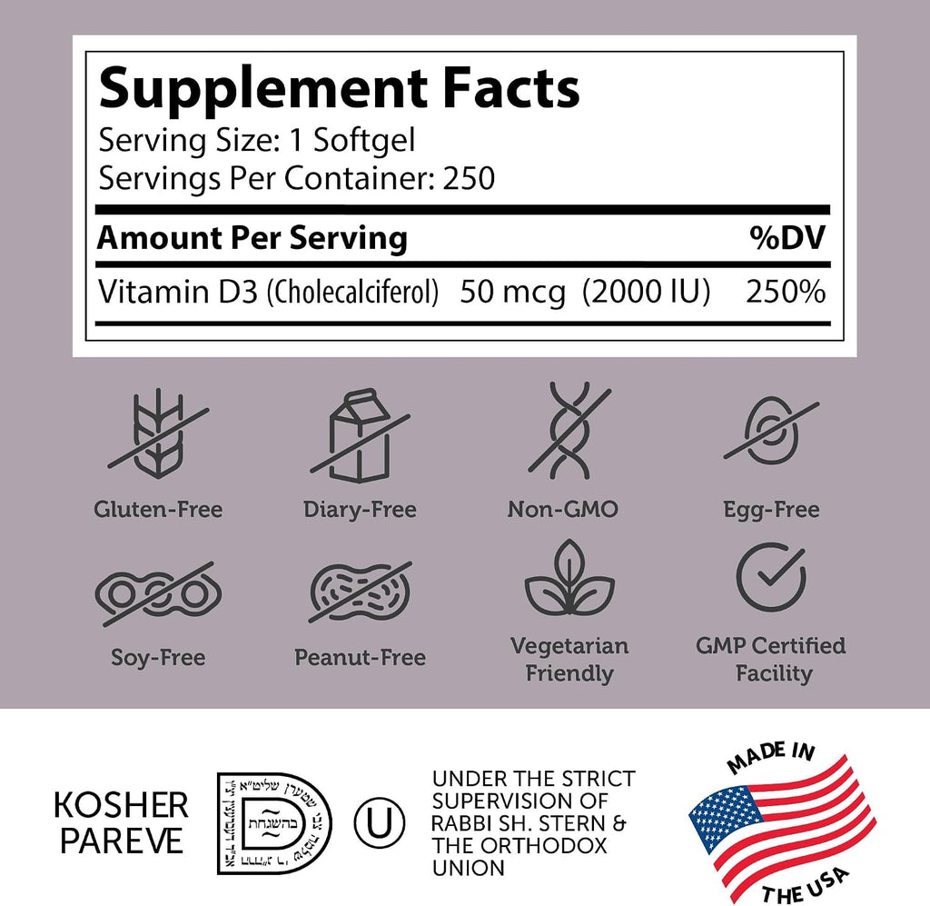 Zahler Vitamina D3 Avanzada 2000 UI, 250 Cápsulas Blandas - Suplemento de Vitamina D3 para Huesos, Dientes, Músculos e Inmunidad
