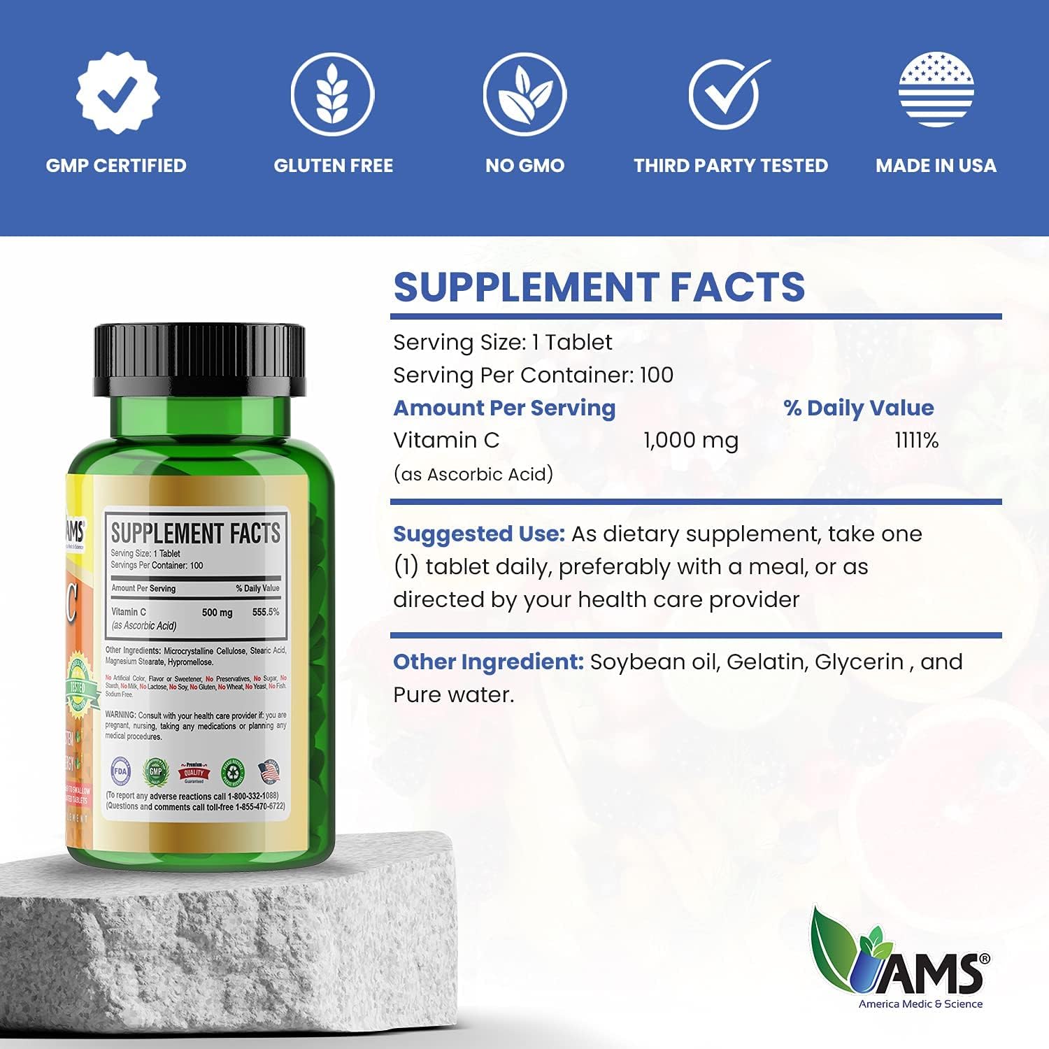 America Medic & Science Rapid-C 500mg de Vitamina C (3 Paquetes de 100 Comprimidos)