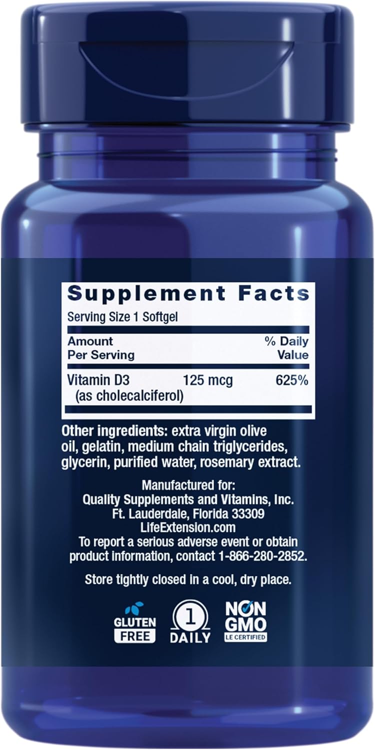 Life Extension Vitamina D3 125 mcg (5000 UI) – 60 Cápsulas Blandas
