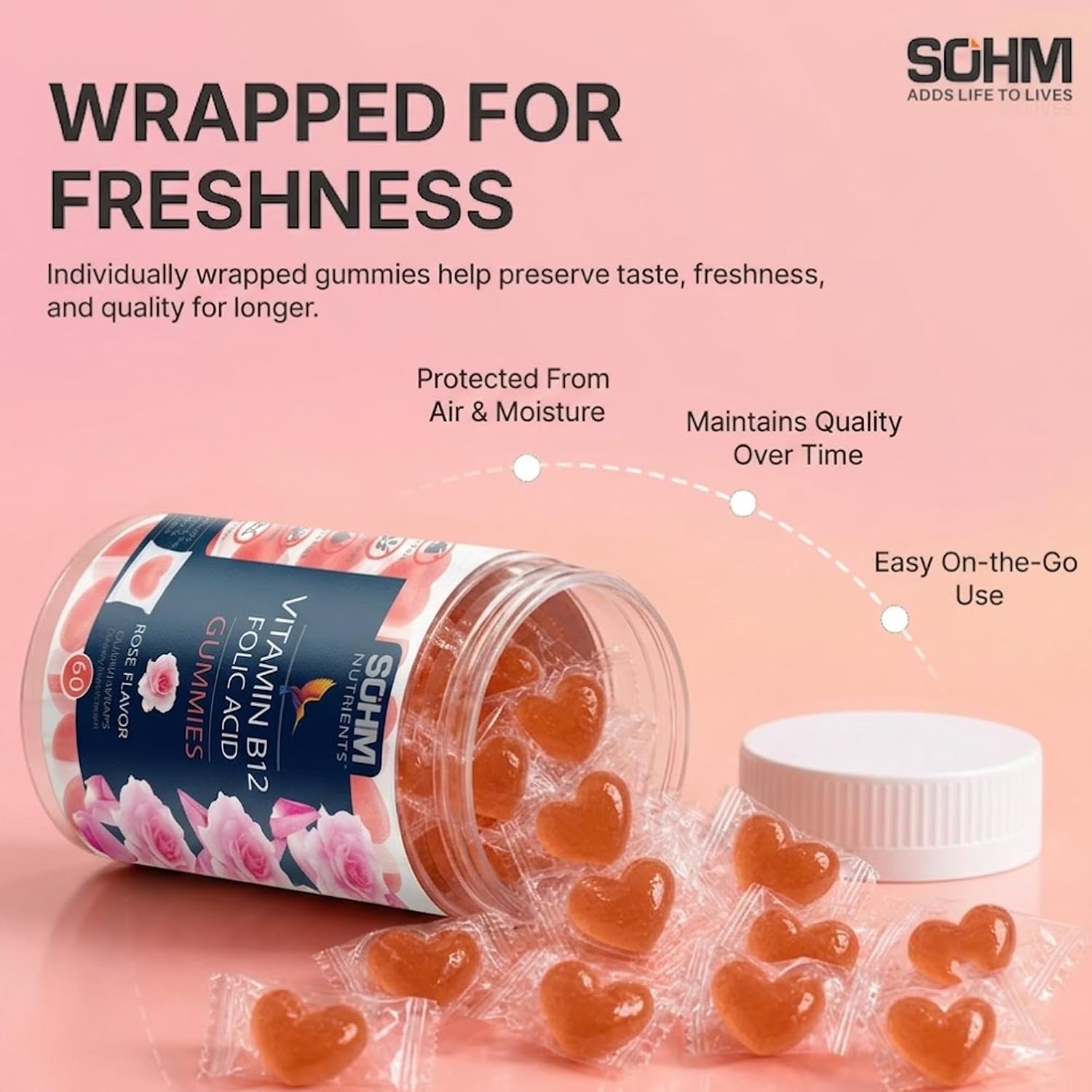 SOHM Ácido Fólico 300 mcg + Vitamina B12 Gomitas para Mujer, 60 unidades – Apoyo Prenatal