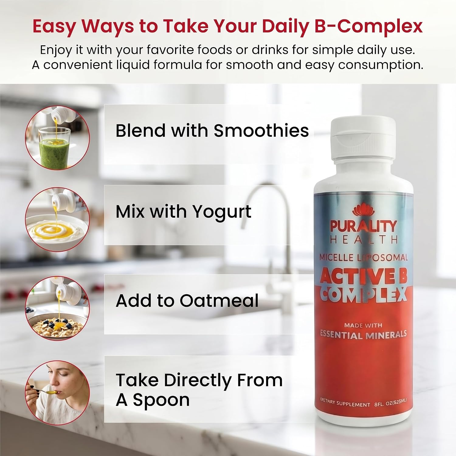 Complejo B Líquido con Absorción Liposomal - Purality Health - Vitaminas B1, B2, B3, B5, B6, B7, B9, B12 + Minerales Esenciales - 15 Días
