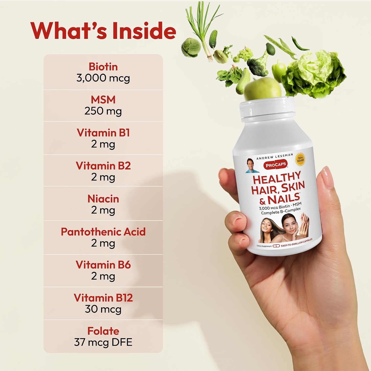 ANDREW LESSMAN Healthy Hair, Skin and Nails - 60 Cápsulas - 3000 mcg Biotina de Alta Bioactividad, Complejo B