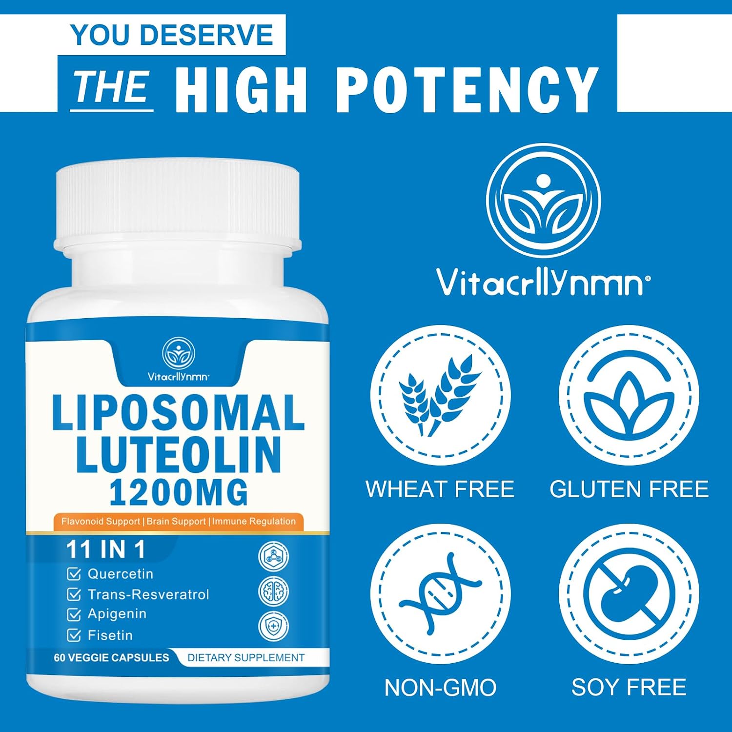 VITACRLLYNMN Liposomal Luteolina 1200 mg – Complejo 11 en 1 Antioxidante y Cognitivo, 60 Cápsulas