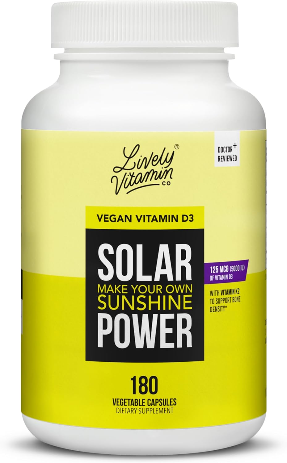 Solar Power Vitamin D3 5000 UI + Vitamina K2 (MK-7) MenaQ7® – 60 Cápsulas – Lively Vitamin Co.