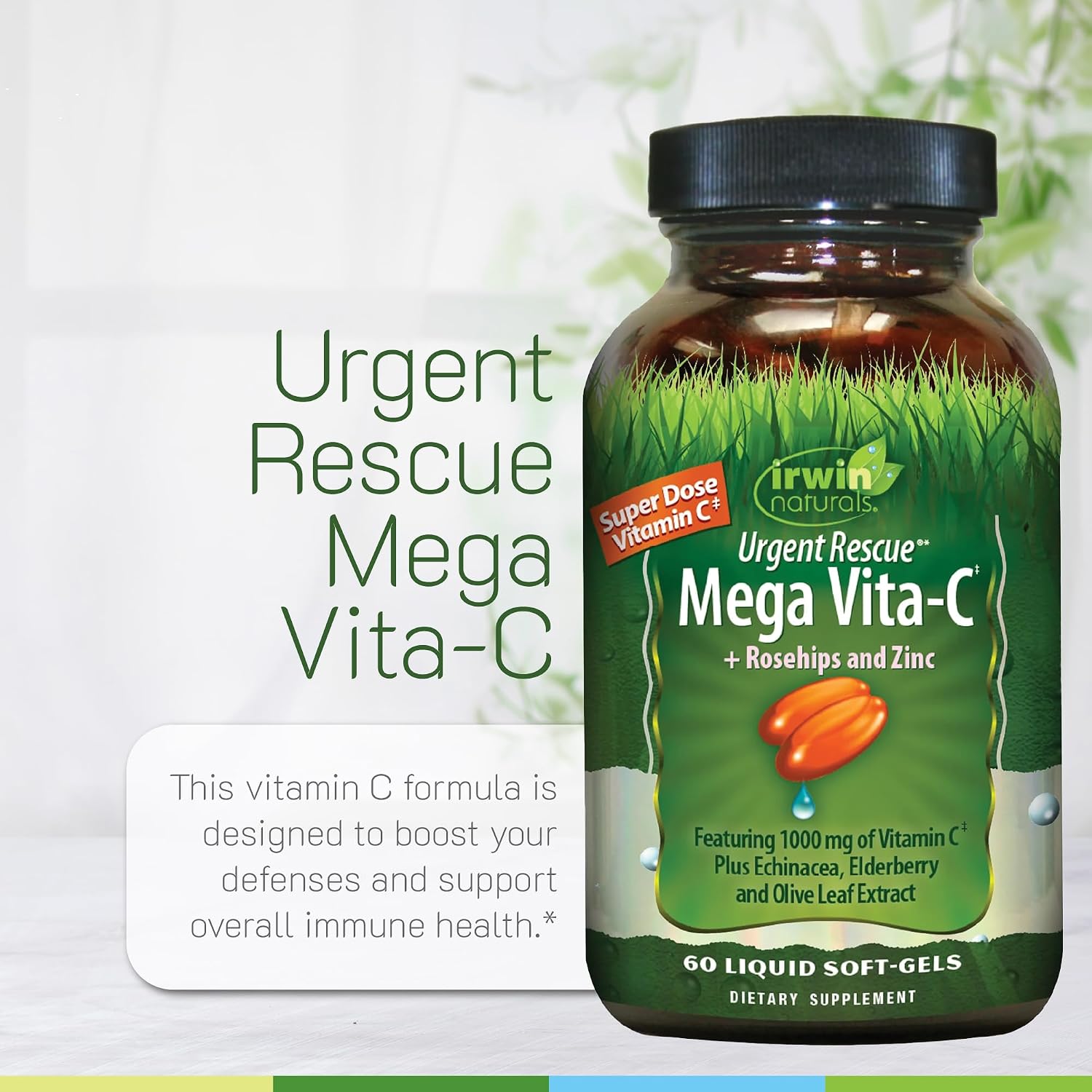 Irwin Naturals Urgent Rescue Mega Vita-C - 60 Cápsulas Blandas Líquidas - 1.000 mg de Vitamina C - Suplemento de Apoyo Inmunológico con Escaramujo y Zinc