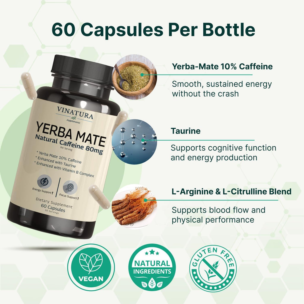 Yerba Mate 1400mg con Taurina y Complejo B - 60 Cápsulas