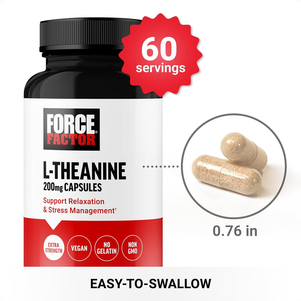 Force Factor L-Teanina 200mg, Suplemento Extra Fuerte para el Alivio del Estrés y la Relajación, Vegano, Sin OGM, 60 Cápsulas Vegetales