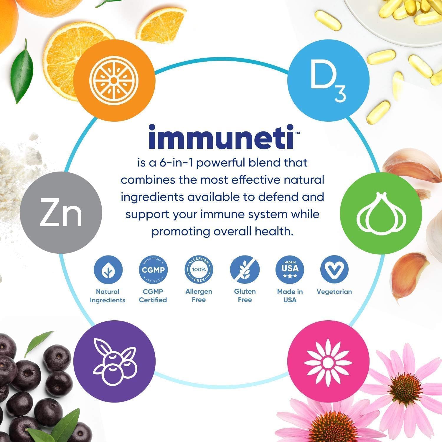 Immuneti Advanced Immune Support – Suplemento 6 en 1 con Saúco, Vitamina C, D3, Zinc, Ajo y Equinácea