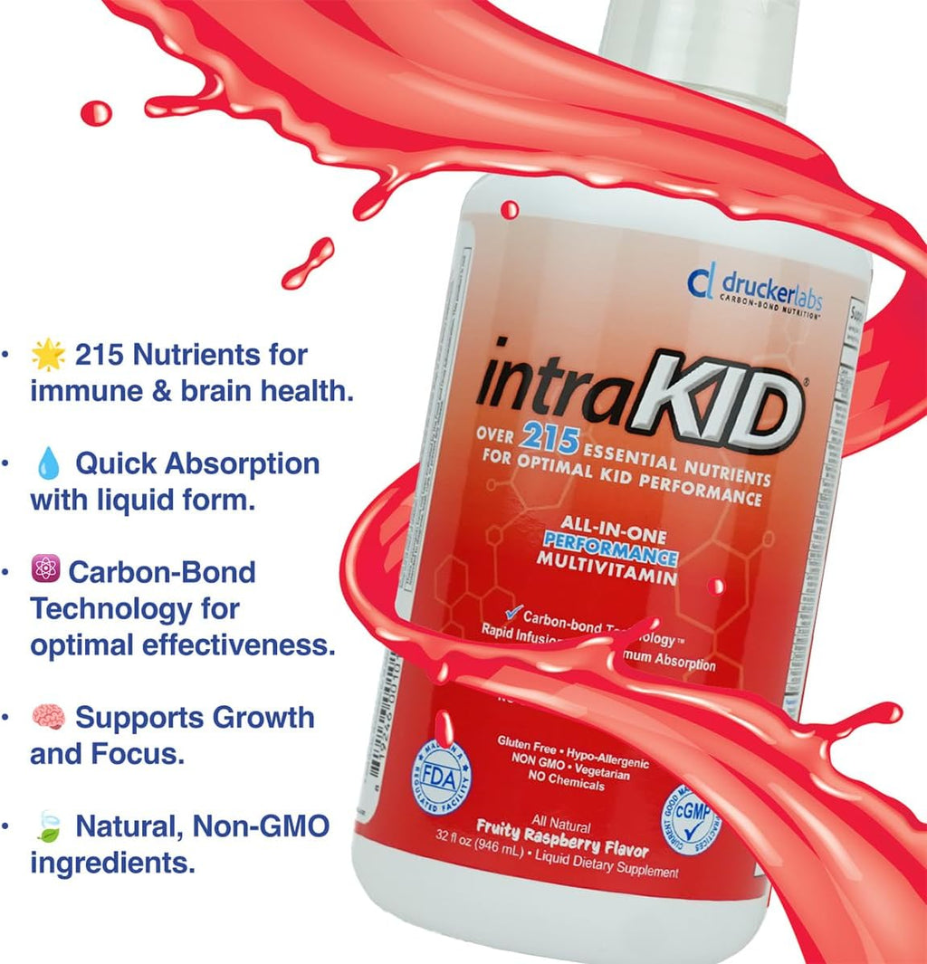 intraKID Multivitamínico Líquido Orgánico para Niños - 946 ml - Sabor Frambuesa