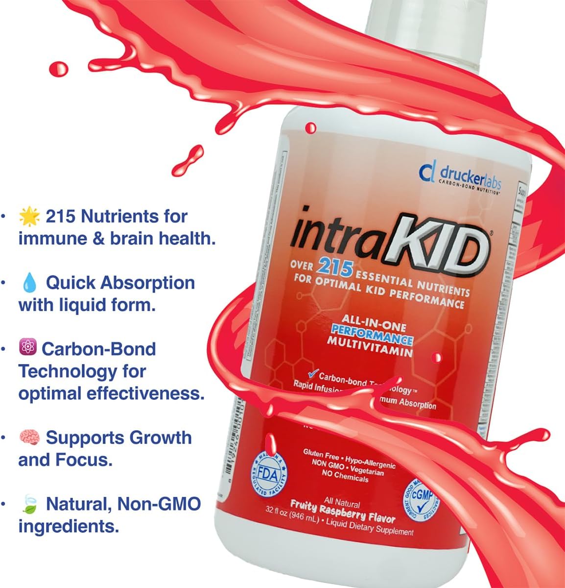 intraKID Multivitamínico Líquido Orgánico para Niños - 946 ml - Sabor Frambuesa