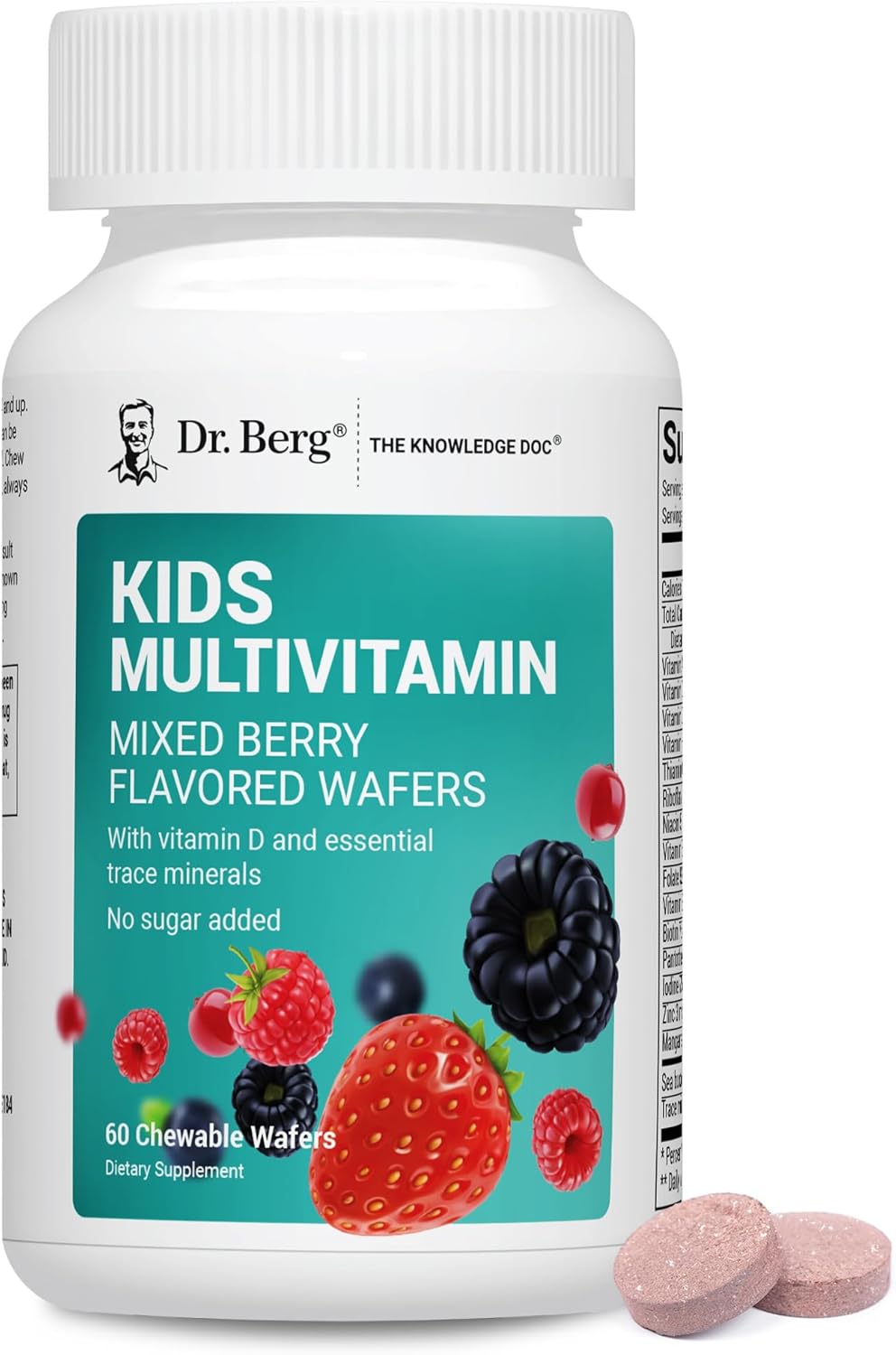 Dr. Berg Kids Chewable Multivitamins (sin azúcar) - Multivitamínico infantil con 20 nutrientes y complejo de minerales traza - sabor a bayas mixtas - 60 wafers