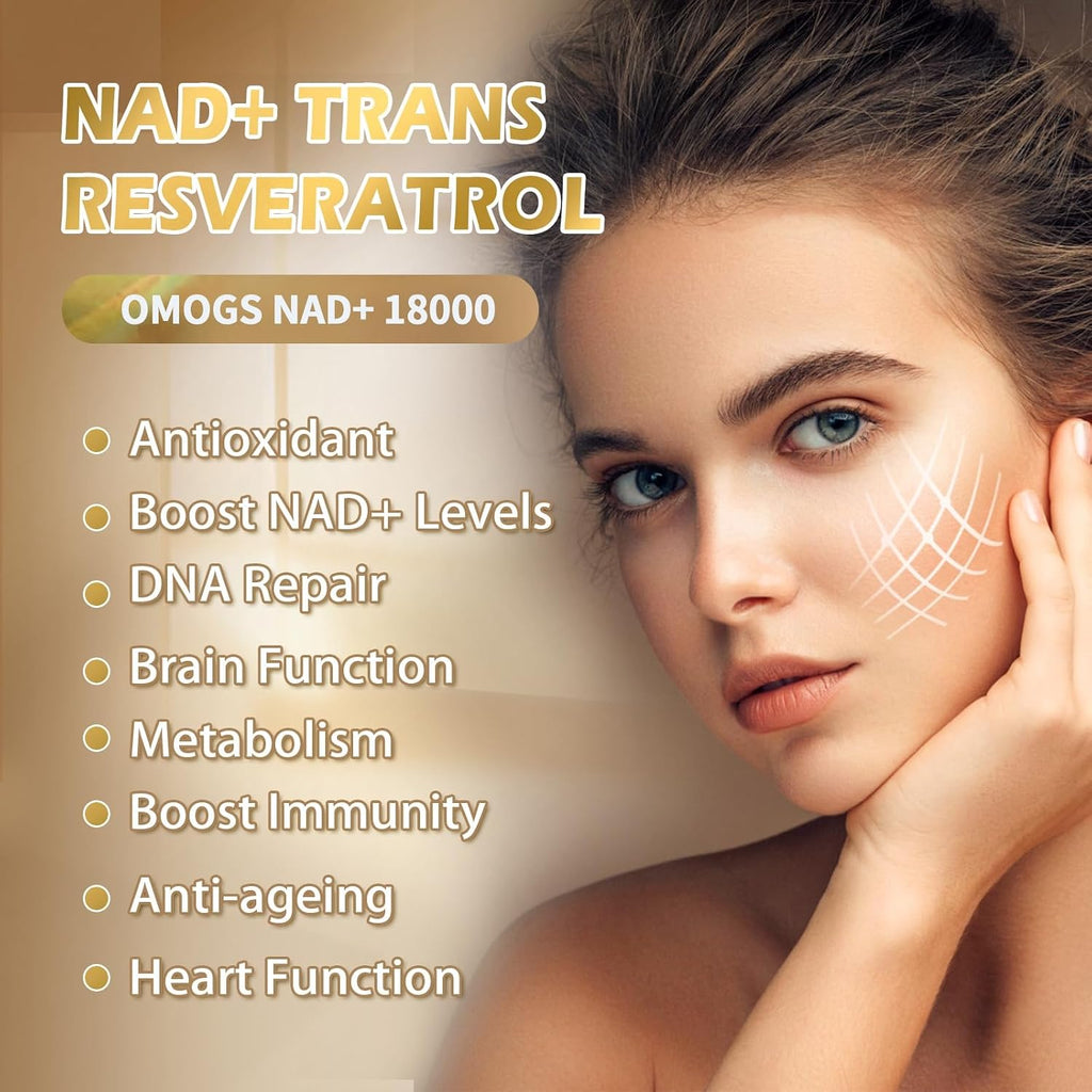OMOGS NAD+ 300 mg + Trans-Resveratrol 200 mg, Suplemento de NAD+ Puro, Máxima Absorción, para Reparación del ADN, Envejecimiento Saludable, Energía Celular y Longevidad, 60 Cápsulas