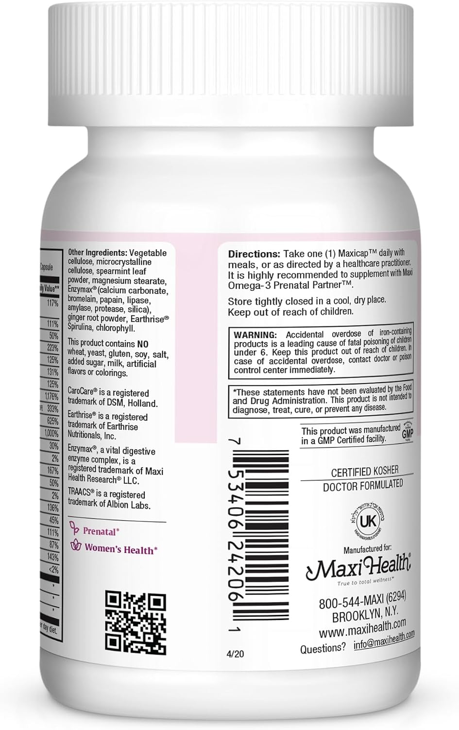 Maxi Health Vitaminas Prenatales para Mujeres – Multivitamínico Completo para el Embarazo con Ácido Fólico, Hierro, Vitamina D3, B12, Zinc y Biotina – 120 Cápsulas