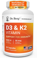 Dr. Berg Maximum Strength 7 en 1 Vitamina D3 K2 5000 UI | D3 de Origen Natural | 4X Analizado y Verificado en Laboratorio | Fórmula de Alta Absorción | 60 Cápsulas
