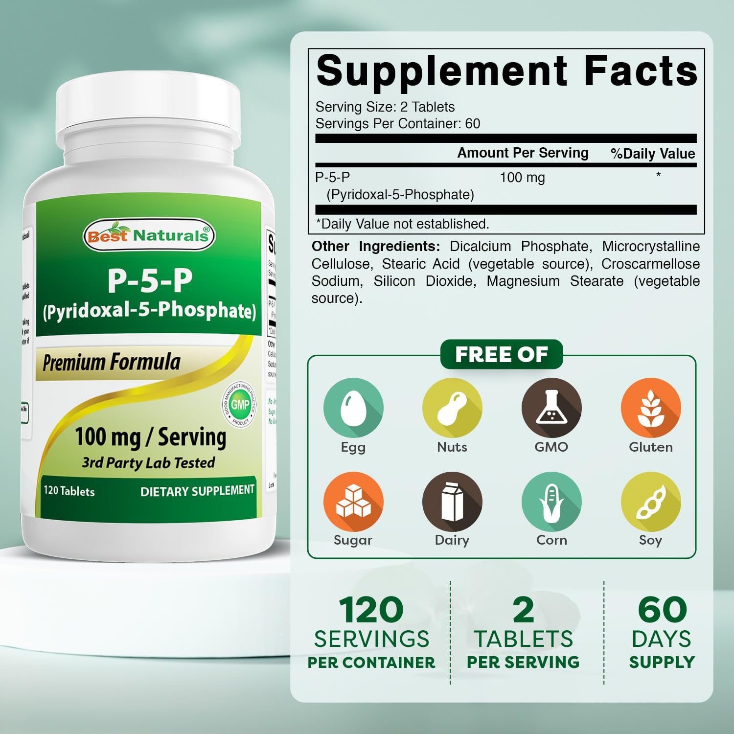Best Naturals P5P Vitamina B6 (Piridoxal 5 Fosfato) 100 mg - 120 Comprimidos - Forma Activa de Vitamina B6